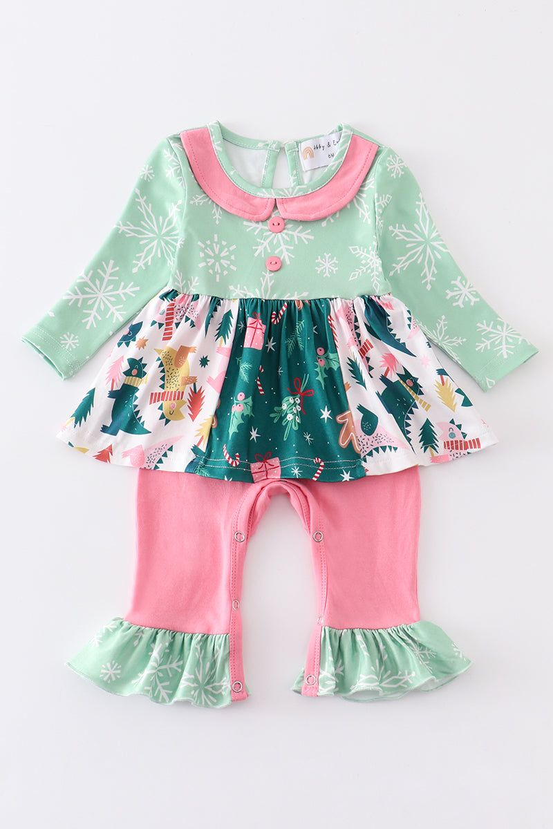 
                  
                    Green floral print ruffle baby romper
                  
                