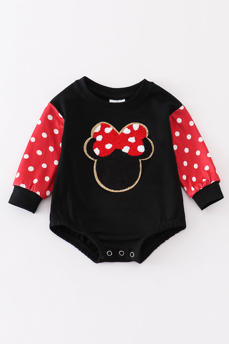 Black charactor french knot baby romper