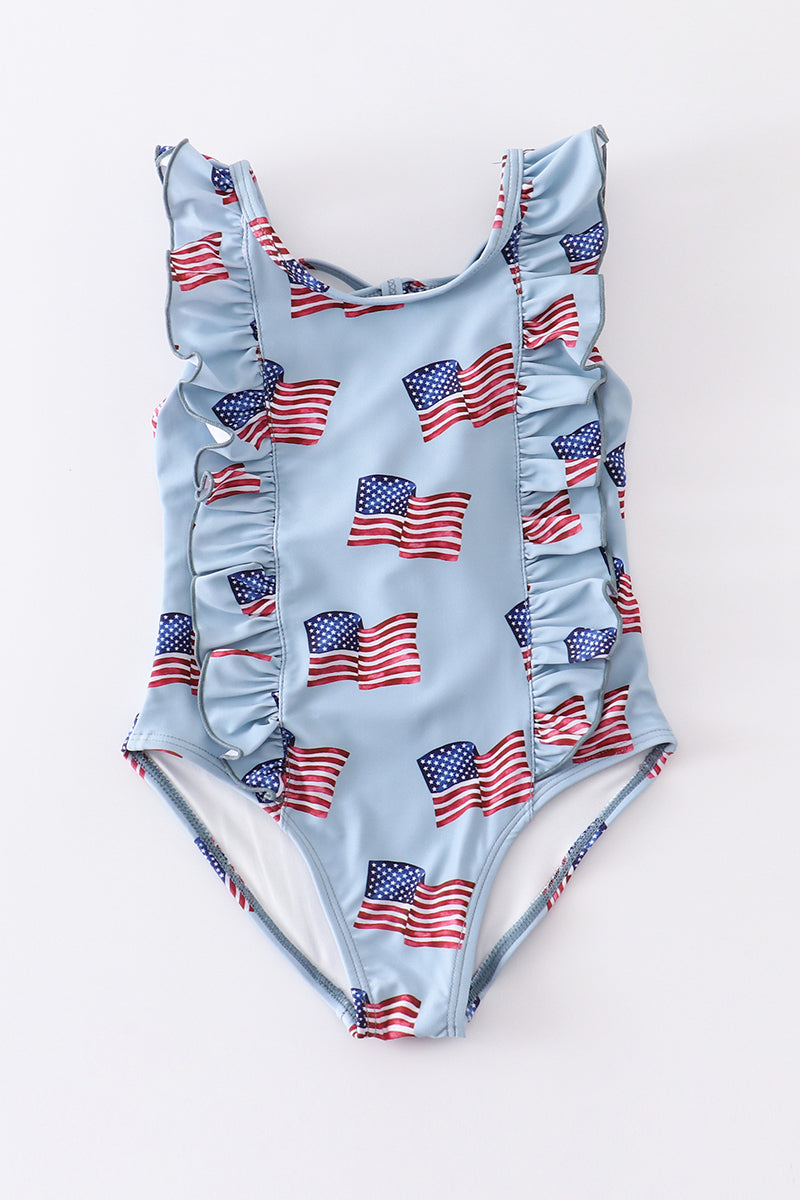 Blue patriotic flag print ruffle girl swimsuit UPF50