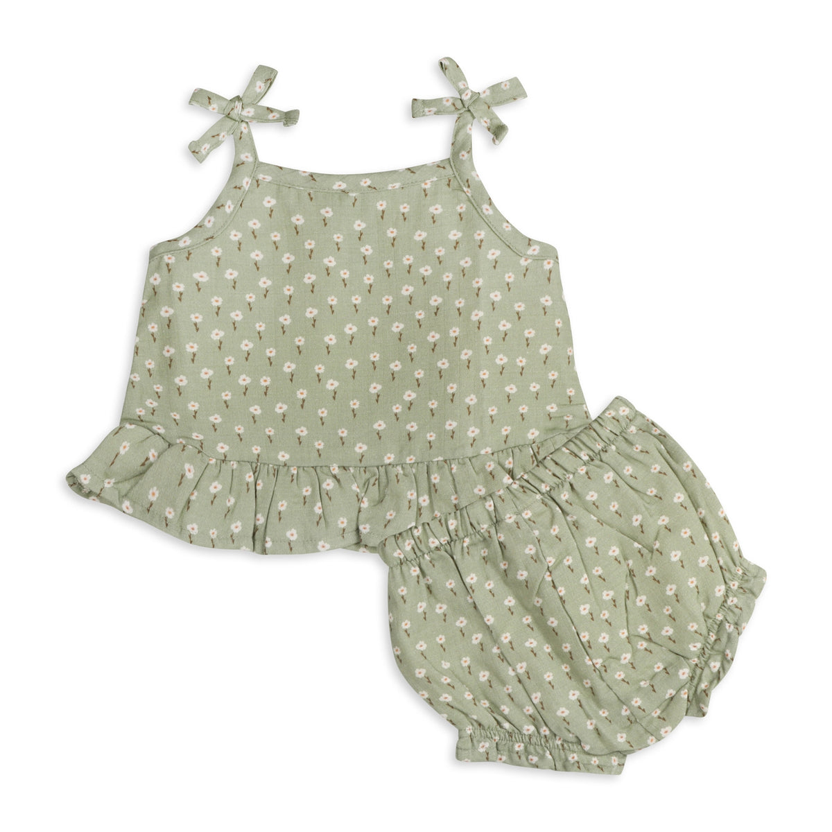 Sage Floral Shoulder Tie Baby Top + Shorts (Organic Muslin)