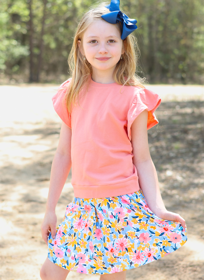Girls Coral Fr Terry Top & Floral Filigree Skort