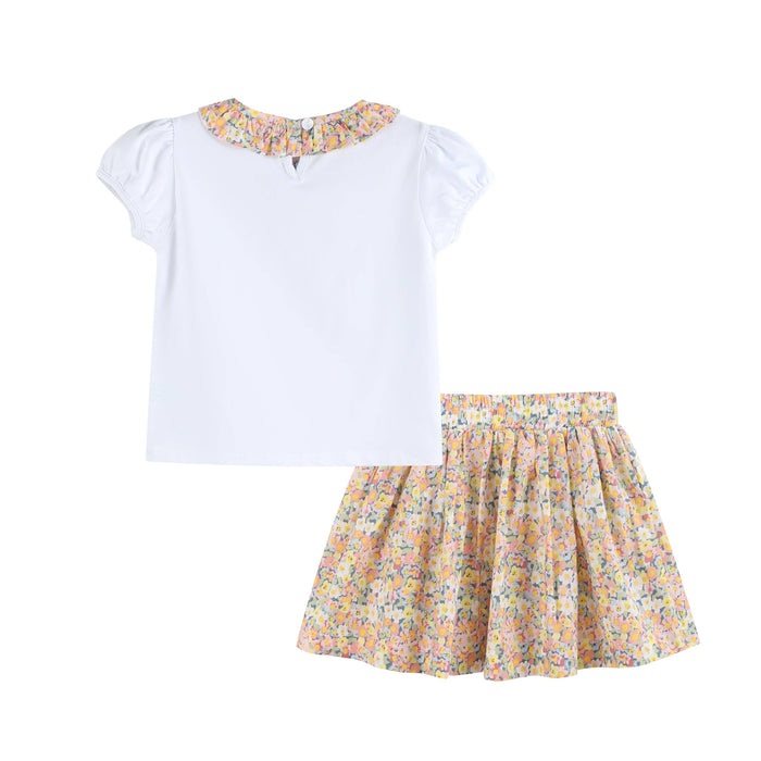 Peach Floral Print Skort and Collared Ruffle Shirt 2pc Set