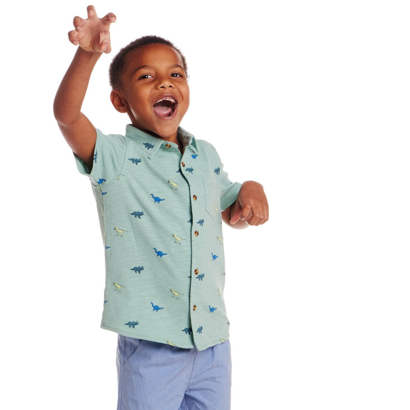 Kids (2-7) Knit Buttondown & Hybrid Short Set | Dinosaur Print