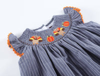 Gray Blue Smocked Turkey & Pumpkins Thanksgiving Dress