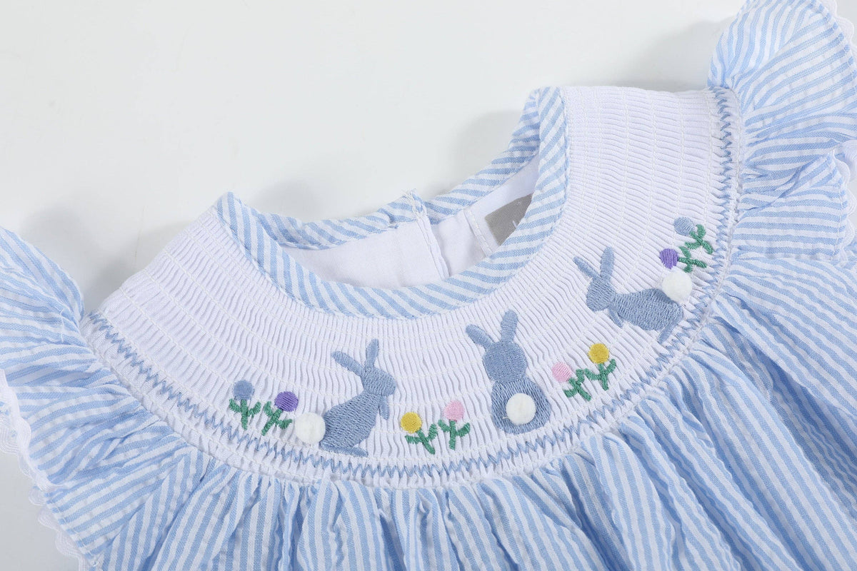 Light Blue Seersucker Easter Bunny Smocked Bishop Dress