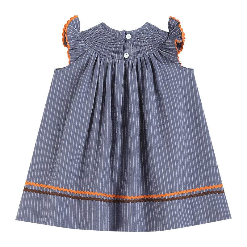 Gray Blue Smocked Turkey & Pumpkins Thanksgiving Dress