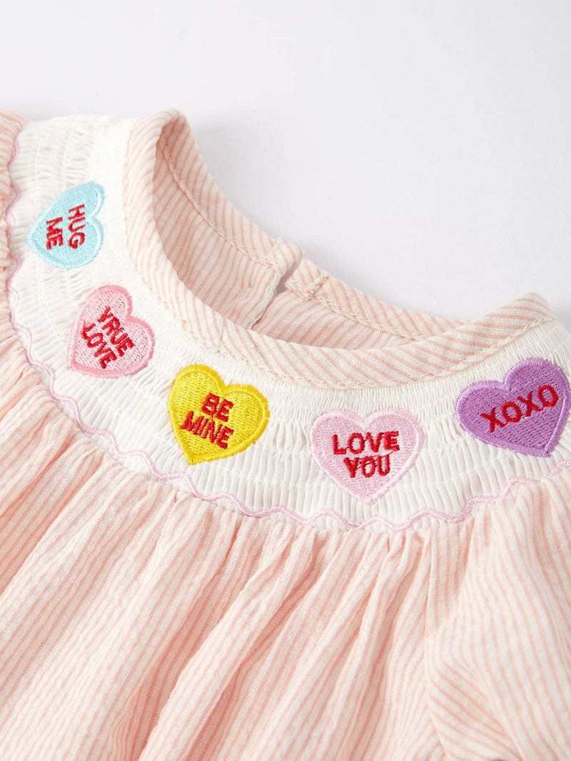 Valentine's Day Baby Girls Letters Heart Smocking Embroidered Stripes Romper