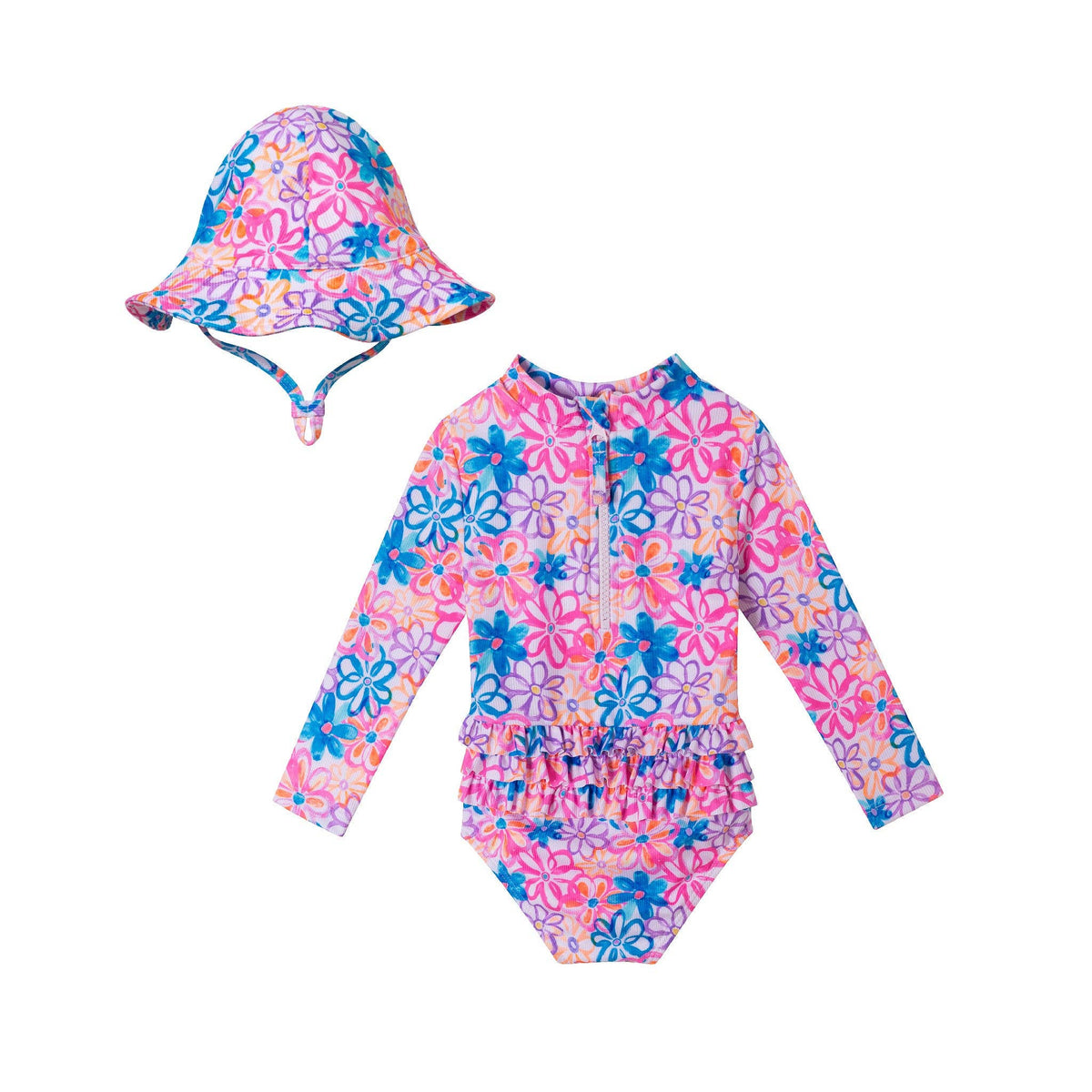 Infant (0-24M) Ls Rashguard & Hat Set | Blue Floral