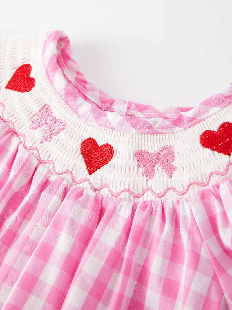 Valentine's Day Heart Bow Smocking Embroidered Pink Romper