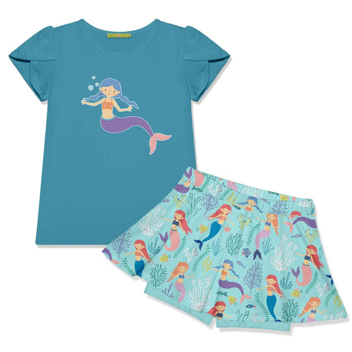 Girls Turquoise Tulip-Sleeve Top & Mermaid Skort