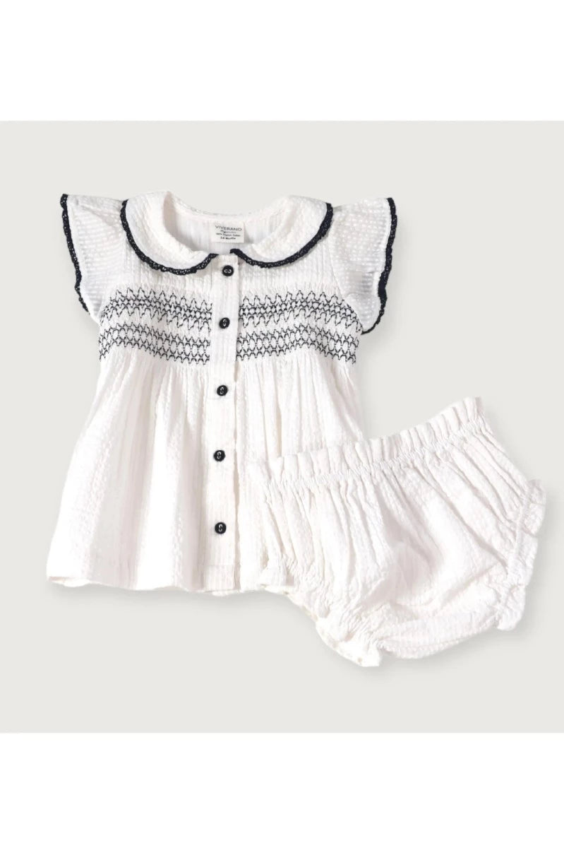 Celine White Seersucker Smocked Baby Dress + Bloomer Organic - Doodlebug Kidz